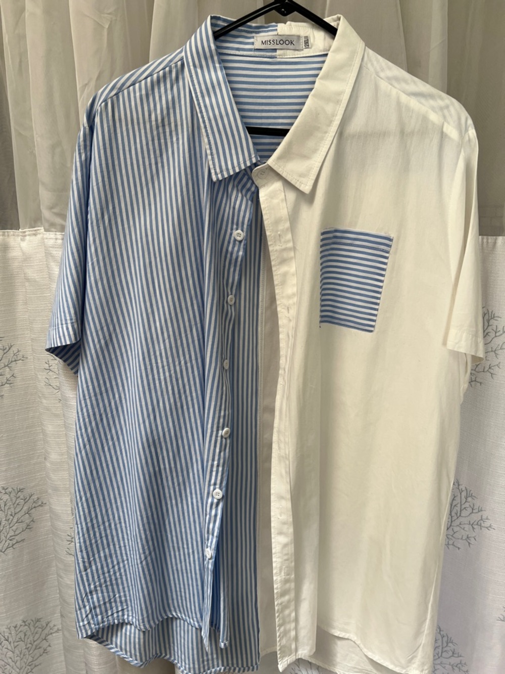 MISSLOOK Blue & White Half-Striped Short Sleeve Button-Down Shirt